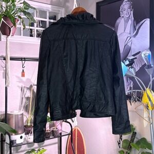 Lapis Black Faux Leather Moto Jacket Leopard Lined Zip Front Women's